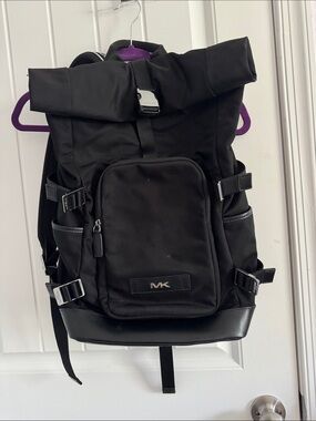 Michael Kors Black Roll-Top Nylon Backpack with Leather Trim
